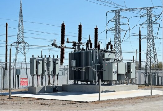 A transformer at an electrical substation. Transmission of electricity.