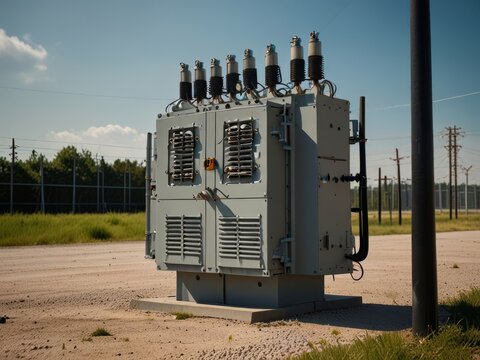 A transformer at an electrical substation. Transmission of electricity.