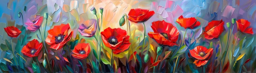 Oil paintings of flowers, red poppies, landscape impressionism artwork