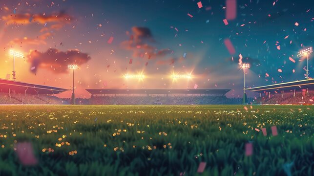 evening background Sport field. expecting Grand professional illustration. building full 3D match confetti spectators grass stadium rugby football american soccer baseball cricket lig.