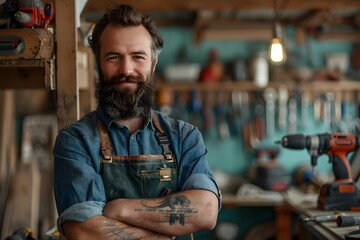 Skilled Craftsman in a Workshop Surrounded by Tools