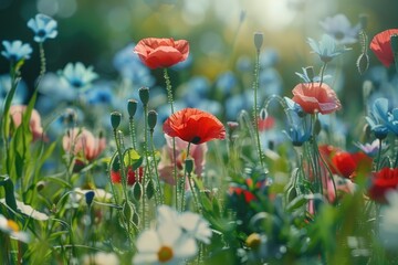 Fototapeta premium Beautiful spring summer bright natural background with colorful dandelion flowers close up.