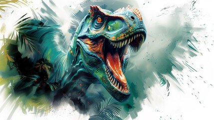 Fierce green and orange raptor dinosaur illustration breaks through with paint splashes and dynamic energy.