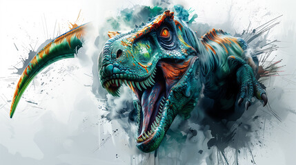 Fototapeta premium Fierce green and orange raptor dinosaur illustration breaks through with paint splashes and dynamic energy.