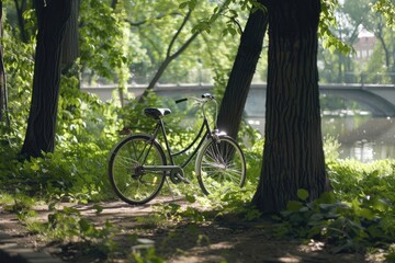 Fototapeta premium Bicycle in shade of trees with dense foliage in sun-drenched urban natural spring summer park