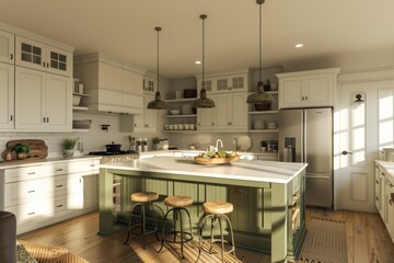 Step into the heart of a modern farmhouse kitchen, complete with an island and stools, surrounded by farmhouse green and white cabinets.