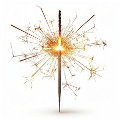 Fototapeta premium A close-up of a lit sparkler emitting bright, golden sparks against a plain white background, symbolizing celebration and festivity.