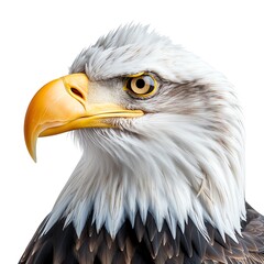 Obraz premium Close-up of a majestic bald eagle's head showcasing its sharp beak and intense gaze against a white background.