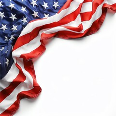 Close-up of an American flag with stars and stripes partially folded, placed against a white background, symbolizing patriotism and freedom.