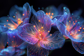 Vibrant neon glowing flowers with intricate patterns and bright colors, set against a dark background, creating a mesmerizing abstract artwork.