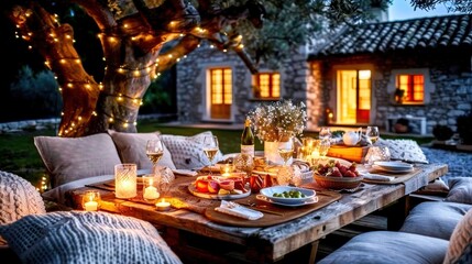Fototapeta premium Cozy outdoor dinner setting with fairy lights and rustic table decor. Evening ambiance with a stone house in the background.