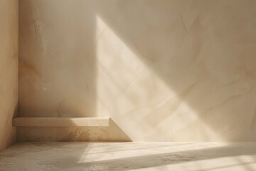 Minimal abstract background for product presentation. Shadow and light on beige plaster wall.