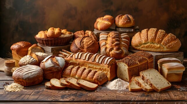 A variety of freshly baked bread and pastries are arranged on an old wooden table, with some sliced loaves in the foreground.