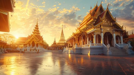 Fototapeta premium Elegant golden temple in Thailand during sunrise, with the morning light enhancing the beauty of the temple's detailed architecture.