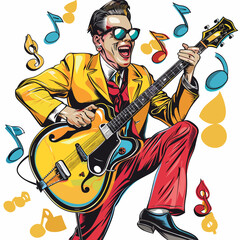 Vector image of a man in a yellow suit playing the guitar.