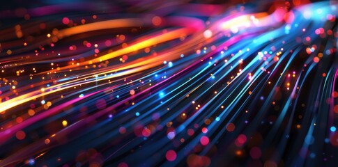 Abstract futuristic background with dynamic neon lines and light bokeh Illustrating high-speed data transfer