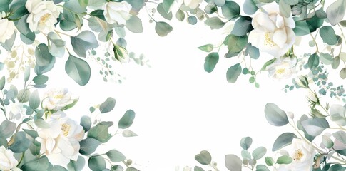 This watercolor seamless border features green gold leaves, white flowers, roses, peonies, and branches, for use as wedding stationary, greetings, wallpapers, fashion, backgrounds, and wrapping