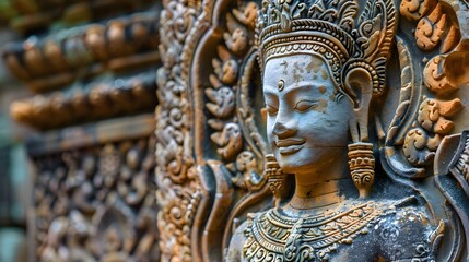 Ancient bas-relief of Apsara Deva is ancient stone carving on the wall in Angkor Wat temple. Selective focus, noise visible film grain