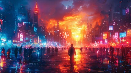Obraz premium Traveler in a Vibrant Cityscape: Illustrate a solo traveler walking through a bustling, vibrant cityscape at night, with colorful lights and busy streets. 
