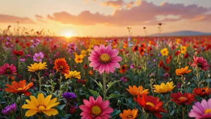 Obraz premium Sunset over a field of wildflowers.