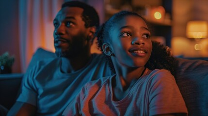 Padre afroamericano con su hija, feliz en el hogar, disfrutando del amor y compa&ntilde;&iacute;a familiar.