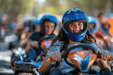 A Woman in a blue helmet is driving a kart circuit