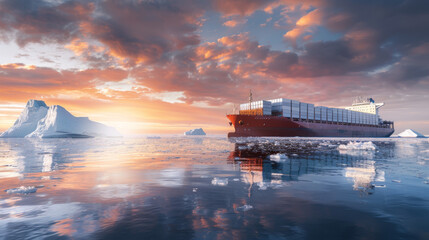 A massive cargo ship sails near a colossal iceberg floating in the icy waters.