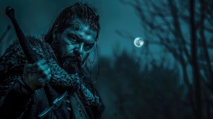 Fototapeta premium Vikingo rubio una noche en el norte. Hombre con espada dispuesto a luchar, personaje de cinemática, modelo o actor, muy atractivo.