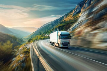  truck driving swiftly along a winding mountain road, the motion blur background