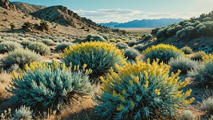 Yellow Desert Flowers in Front of Mountain Range.