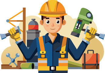 Happy labour day with construction worker character. Building male specialists ready for work. Vector illustration isolated on white background