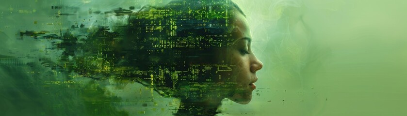 Fototapeta premium A woman's face is projected onto a green background with a lot of glowing dots