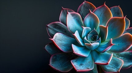 A vibrant succulent plant against a sleek black backdrop, tailored for minimalist decor. Web banner format, designed with substantial negative space on the left.