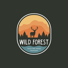 Travel badge outdoor with deer, pine trees and moon icon vector illustration, silhouette illustration of deer design vector template