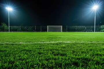 n empty soccer field in a high school stadium, with bleachers and a scoreboard visible in the background