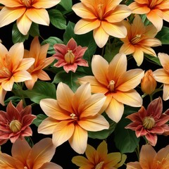 Orange and Red Flowers with Green Leaves on Black Background.