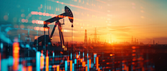 Oil pump jack work on oilfield petroleum extraction on digital graph showing oil prices background.