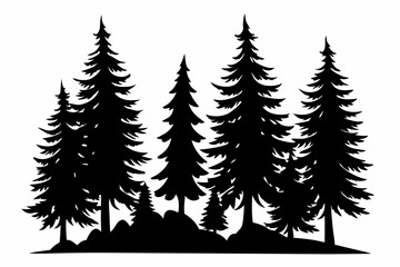 Fototapeta premium Pine tree silhouettes, Fir trees silhouette. Evergreen forest firs and spruces black shapes, wild nature trees templates. Vector illustration woodland trees set on white background