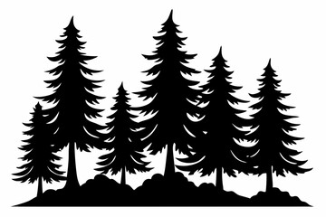 Pine tree silhouettes, Fir trees silhouette. Evergreen forest firs and spruces black shapes, wild nature trees templates. Vector illustration woodland trees set on white background