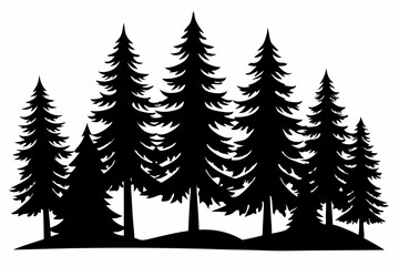 Pine tree silhouettes, Fir trees silhouette. Evergreen forest firs and spruces black shapes, wild nature trees templates. Vector illustration woodland trees set on white background