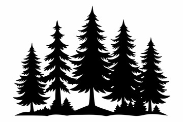 Pine tree silhouettes, Fir trees silhouette. Evergreen forest firs and spruces black shapes, wild nature trees templates. Vector illustration woodland trees set on white background
