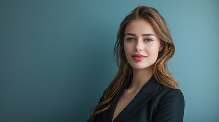 Obraz premium A professional portrait of a young, beautiful woman presenter against a solid color background, exuding confidence and poise