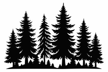 Pine tree silhouettes, Fir trees silhouette. Evergreen forest firs and spruces black shapes, wild nature trees templates. Vector illustration woodland trees set on white background