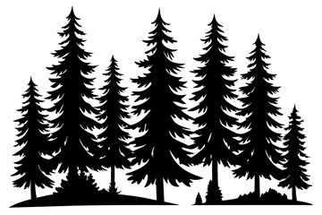 Fototapeta premium Pine tree silhouettes, Fir trees silhouette. Evergreen forest firs and spruces black shapes, wild nature trees templates. Vector illustration woodland trees set on white background
