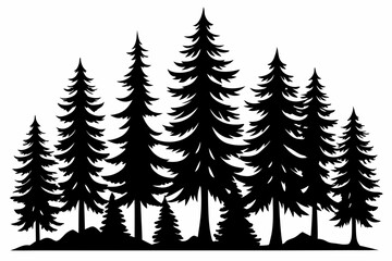 Obraz premium Pine tree silhouettes, Fir trees silhouette. Evergreen forest firs and spruces black shapes, wild nature trees templates. Vector illustration woodland trees set on white background