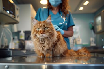 Calm Maine Coon Cat Being Examined by Veterinarian
