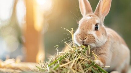 Rabbit enjoying fresh hay and vegetables, pet nutrition, fiber-rich diet