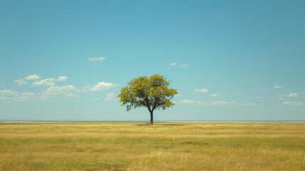 Fototapeta premium A single tree stands alone in the vast open field.