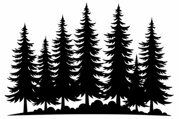 Obraz premium Pine tree silhouettes, Fir trees silhouette. Evergreen forest firs and spruces black shapes, wild nature trees templates. Vector illustration woodland trees set on white background