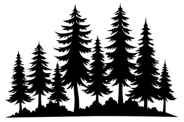 Obraz premium Pine tree silhouettes, Fir trees silhouette. Evergreen forest firs and spruces black shapes, wild nature trees templates. Vector illustration woodland trees set on white background
